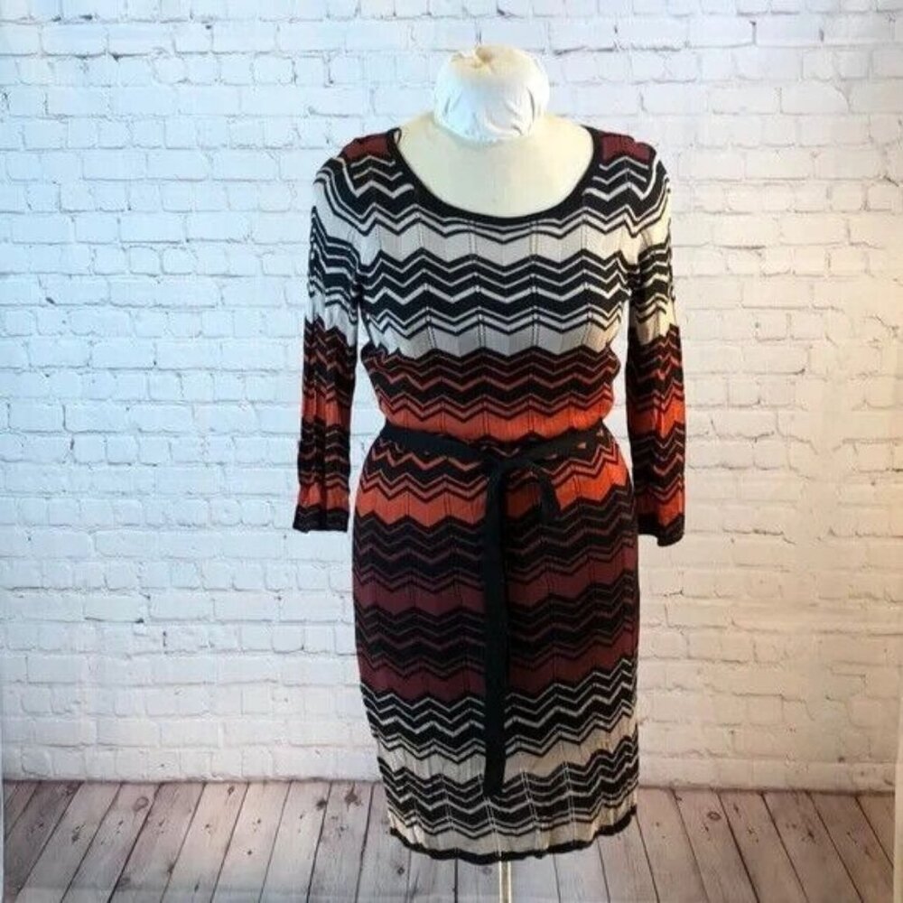 Dressbarn Dress Chevron Knit Long Sleeve Sheath Belted Lined Medium